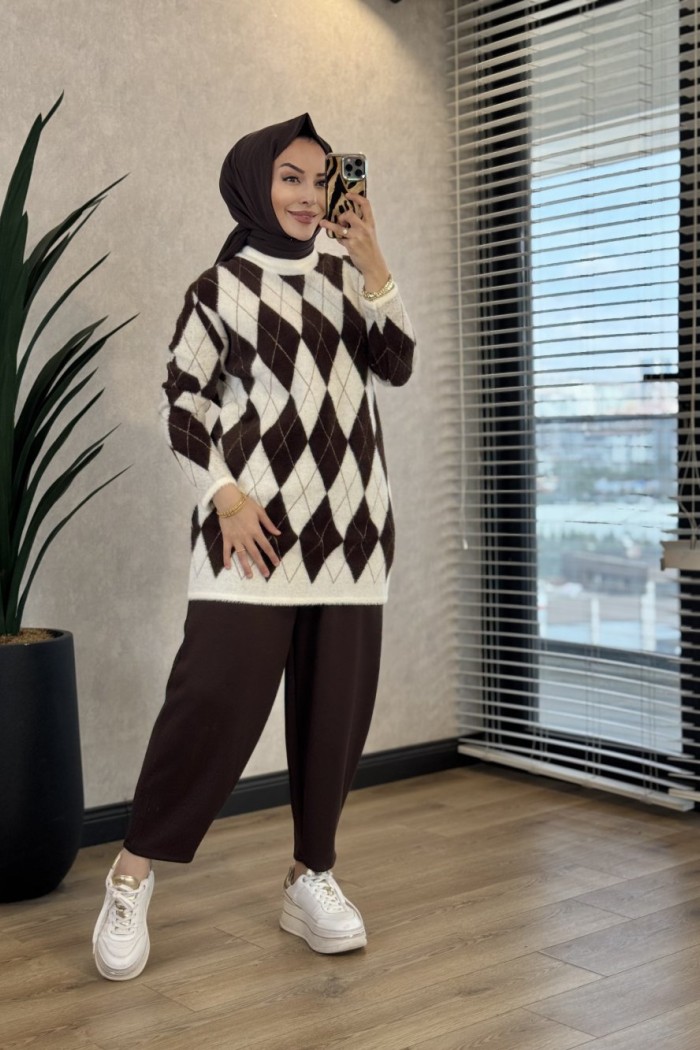 140542 Baklava Desenli Simli Tunik Ekru  Kahve