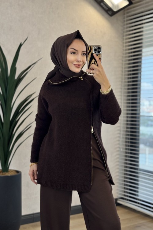 7768 Oslo Yandan Fermuarlı Triko Tunik Kahve