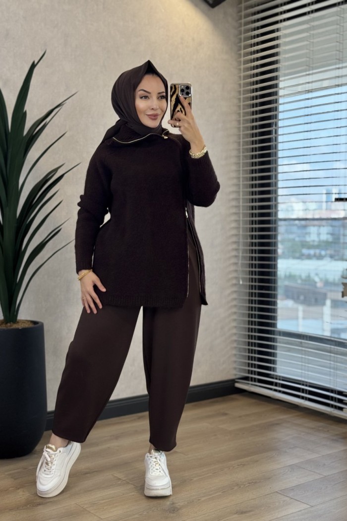 7768 Oslo Yandan Fermuarlı Triko Tunik Kahve