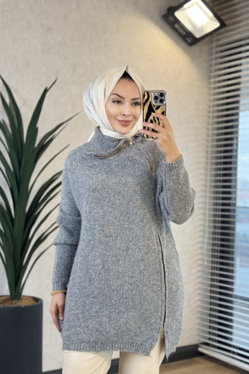 7768 Oslo Yandan Fermuarlı Triko Tunik Antrasit