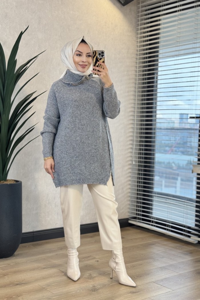 7768 Oslo Yandan Fermuarlı Triko Tunik Antrasit