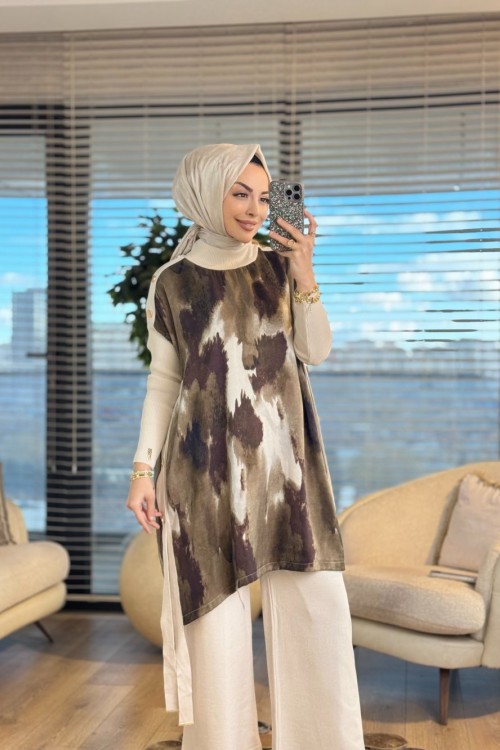 283 Kupra Omuz Ve Yanları Düğmeli Triko Tunik Bej