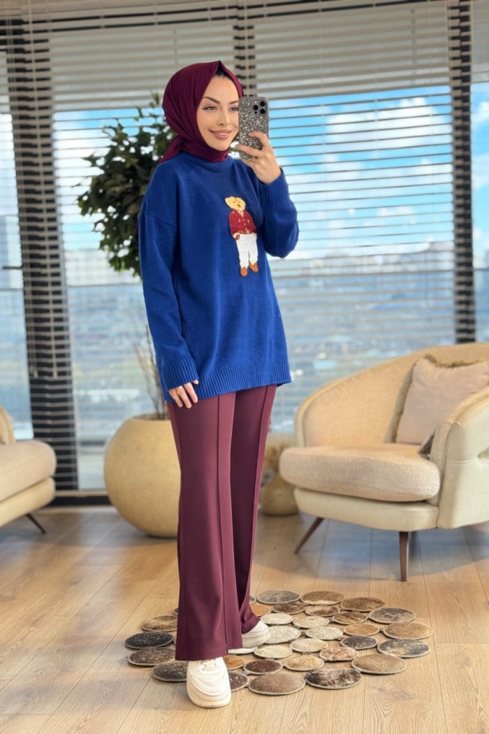 6505 Önü Ayıcık Nakışlı Triko Tunik Saks