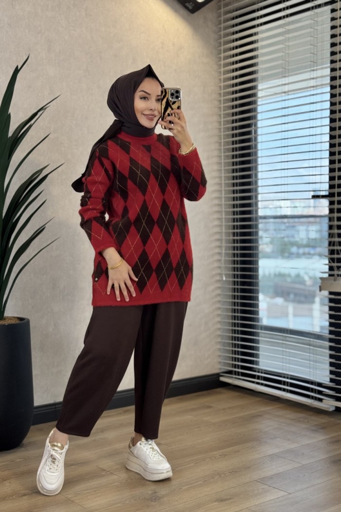 140542 Baklava Desenli Simli Tunik Kırmızı