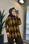 140542 Baklava Desenli Simli Tunik Kahve