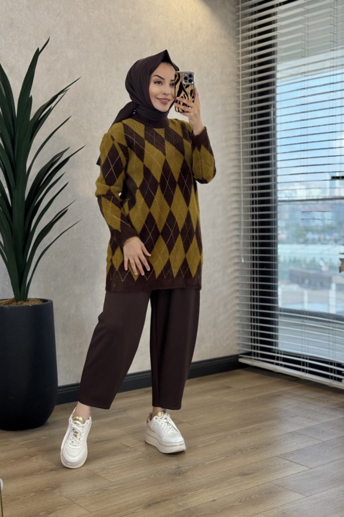 140542 Baklava Desenli Simli Tunik Kahve