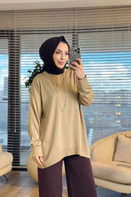 40408 Kolu Katlamalı Sıfır Yaka Tunik Bej