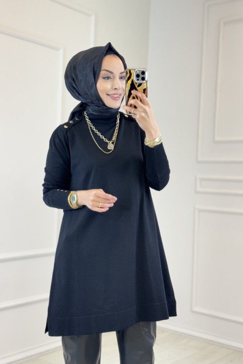 165 Omzu Düğmeli Triko Tunik Siyah