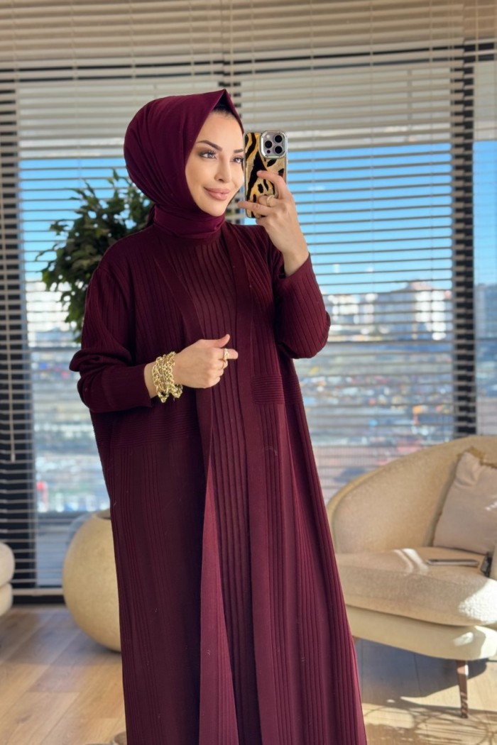 142 Kolsuz Elbise Üstü Hırka İkili Takım Bordo