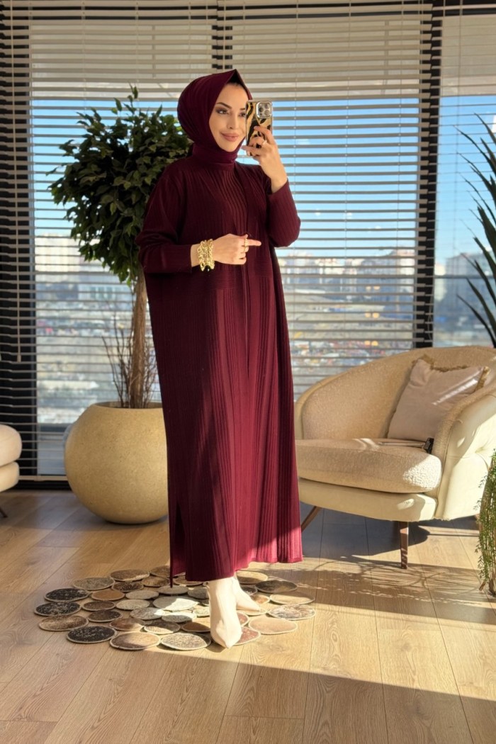142 Kolsuz Elbise Üstü Hırka İkili Takım Bordo