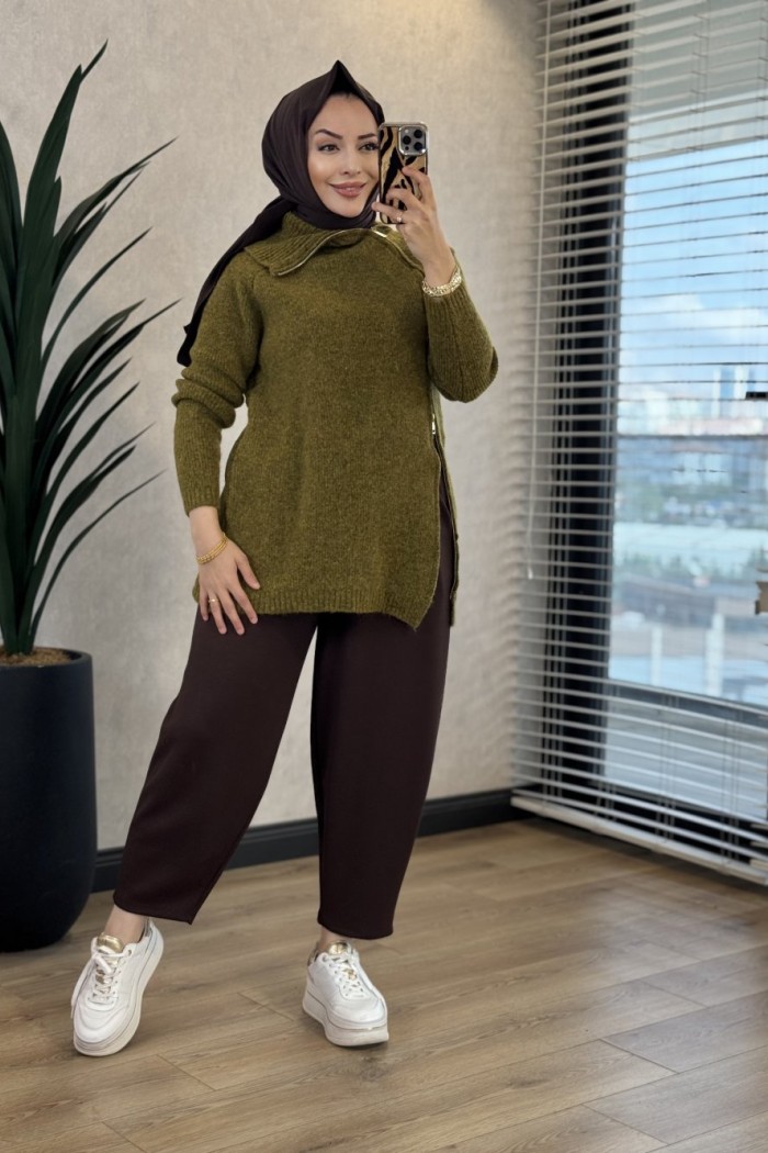 7768 Oslo Yandan Fermuarlı Triko Tunik Haki