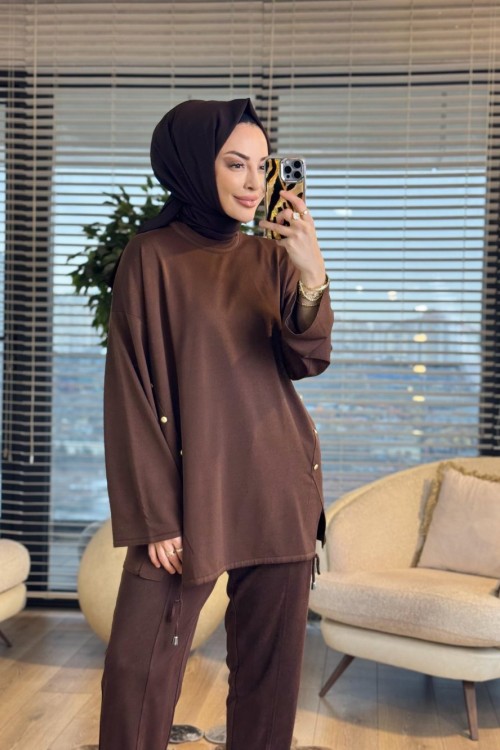 44214 Yanları Verev Parçalı Triko Tunik Kahve