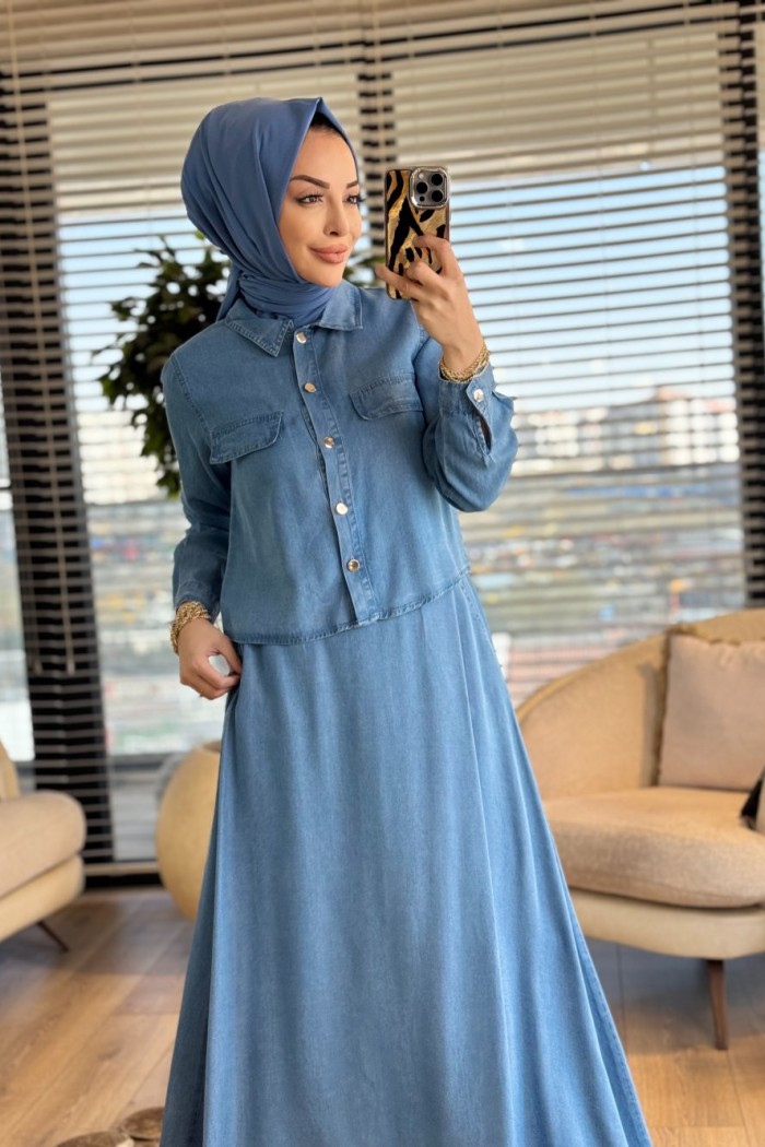 7427 Tencel Metal Düğmeli Etekli Takım Mavi