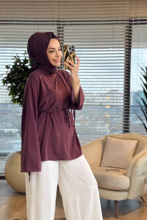 7465 Oysho Kolları Bağcıklı Tunik Bordo