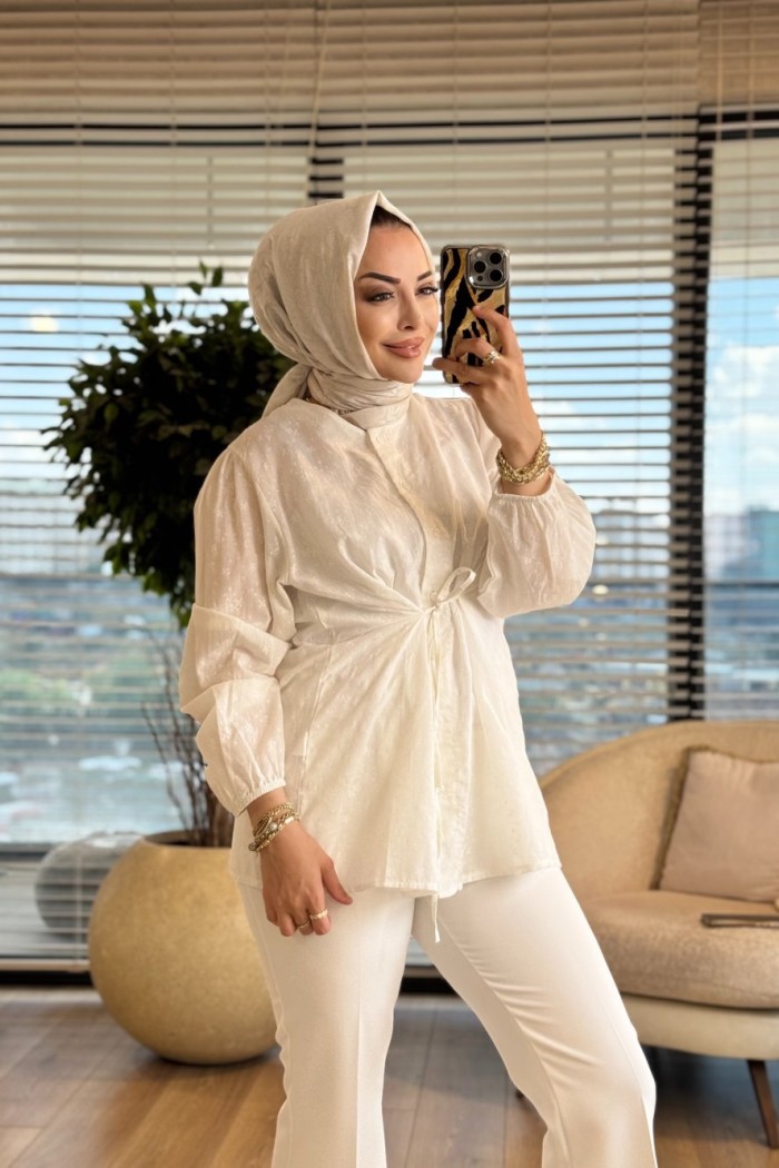 3249 Belden Bağcık Detaylı Gömlek Ekru