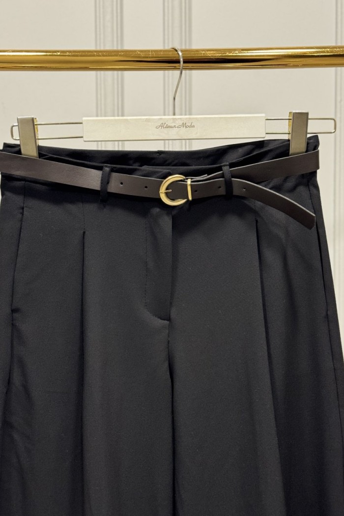 26116 Kemerli Bol Paça Pantolon Siyah