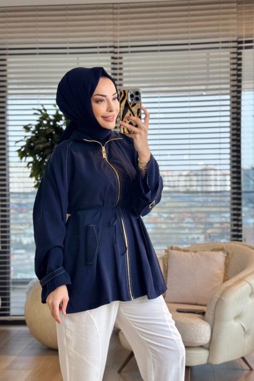 3238 Apolet Detaylı Fermuarlı Ceket Lacivert