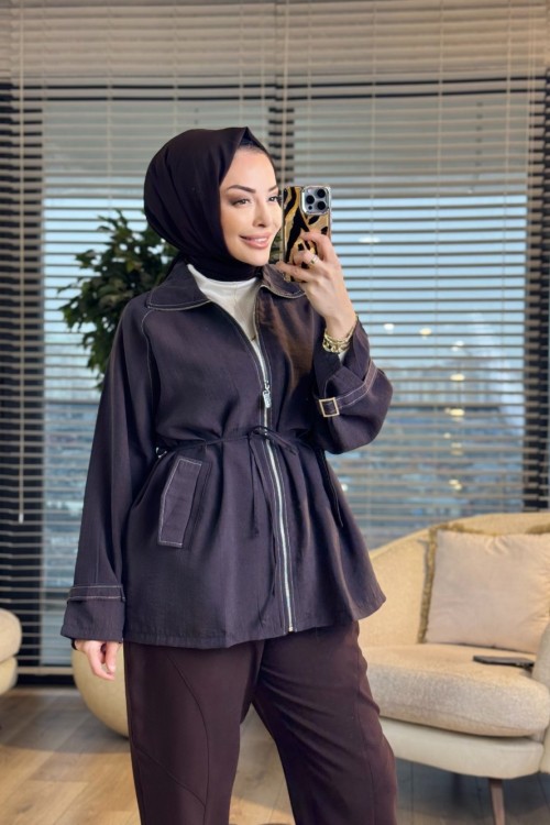 3238 Apolet Detaylı Fermuarlı Ceket Kahve