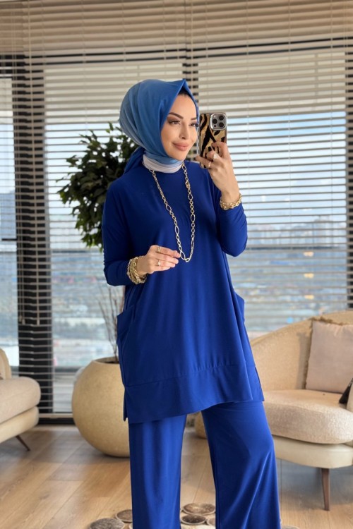 5015 Yanları Cepli Sandy Takım Saks