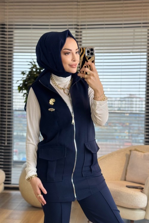 14463 Önü Cepli Ferm. Yelekli Takım Lacivert