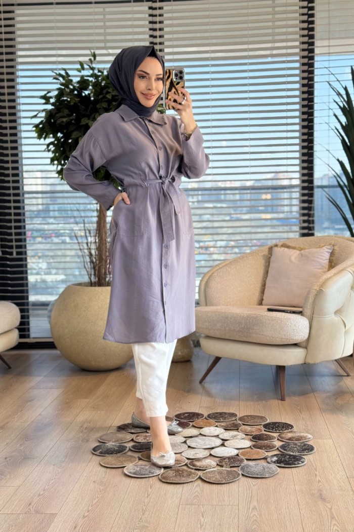 7501 Ön Düğmeli Kuşaklı Uzun Tunik Gri 