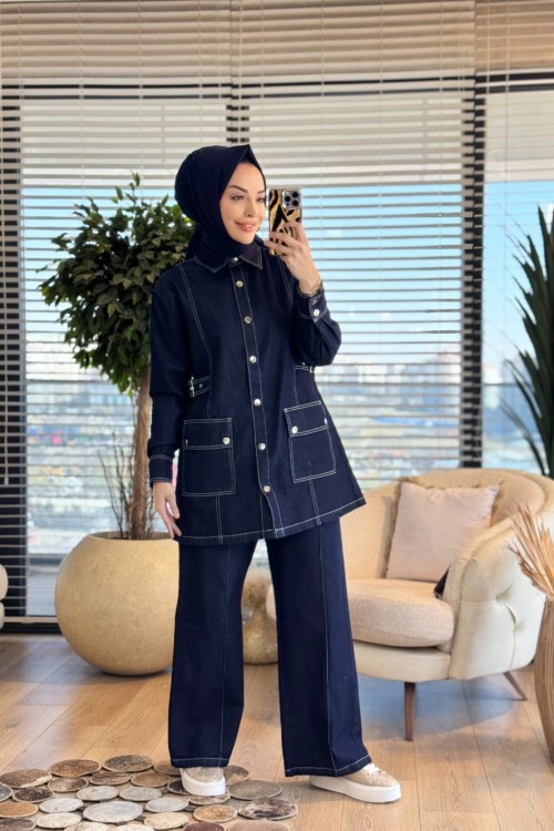 7512 Önü Tokalı Ve Cepli Kot Takım Koyu Lacivert 