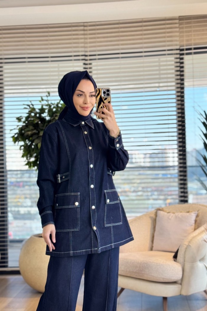 7512 Önü Tokalı Ve Cepli Kot Takım Koyu Lacivert 