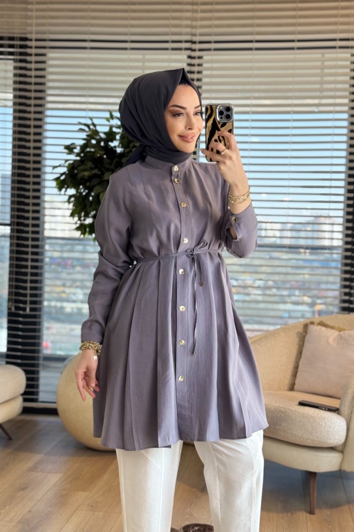 4475 Ön Dikiş Pile Detaylı Tunik Gri