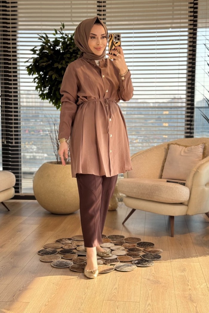 4475 Ön Dikiş Pile Detaylı Tunik Vizon