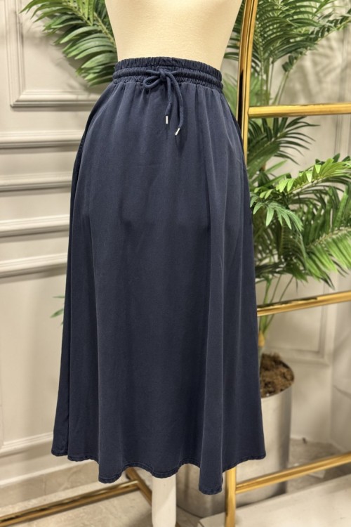3322 Tencel Beli Lastikli Kloş Etek Lacivert 