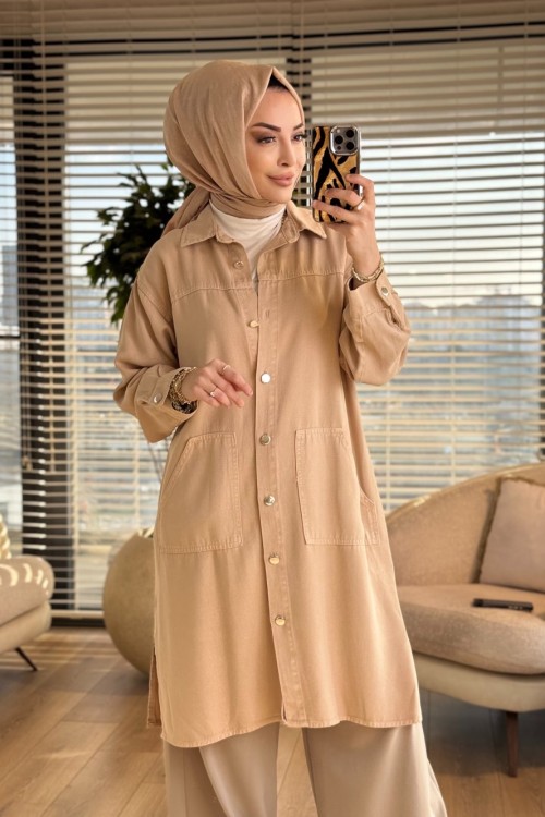 7511 Tencel Ön Cepli Metal Düğmeli Uzun Tunik Bej 