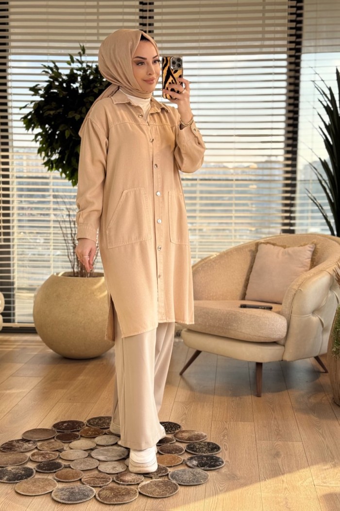 7511 Tencel Ön Cepli Metal Düğmeli Uzun Tunik Bej 