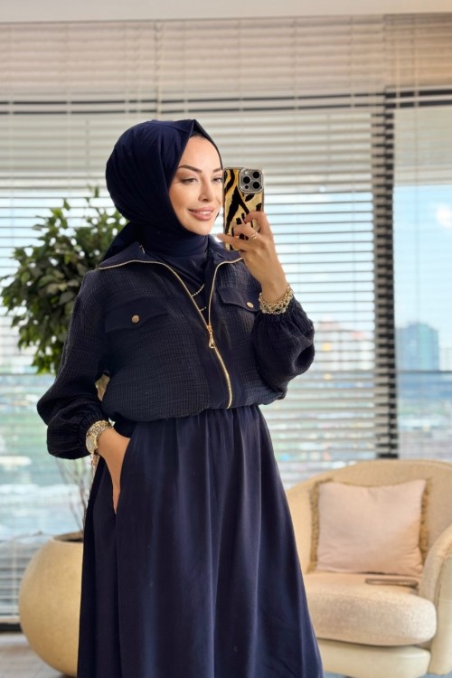 12677 Elbise Gofre Kumaş Ceket 2li Takım Lacivert 