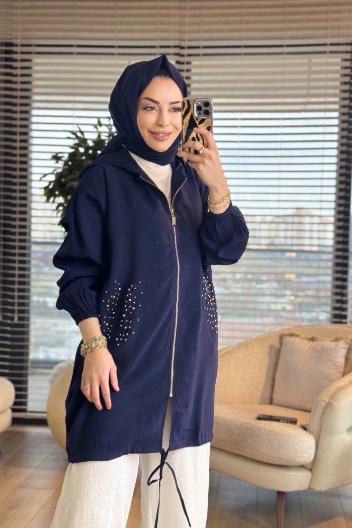 3278 Cepleri Taş Detaylı Midi Boy Kap Lacivert