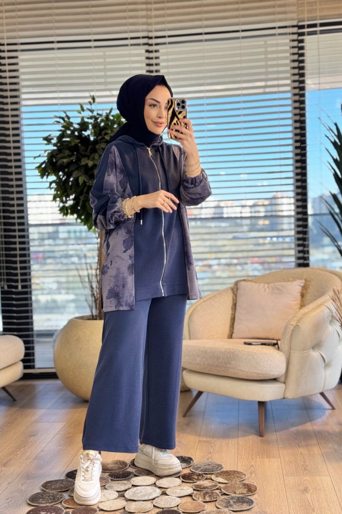 70081-2 Yanları Desenli Kapşonlu Takım Lacivert 
