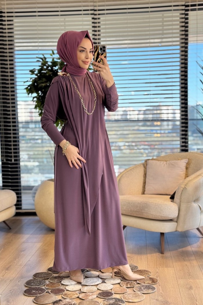 1513 Üstleri Üçgen Pelerinli Elbise Gül