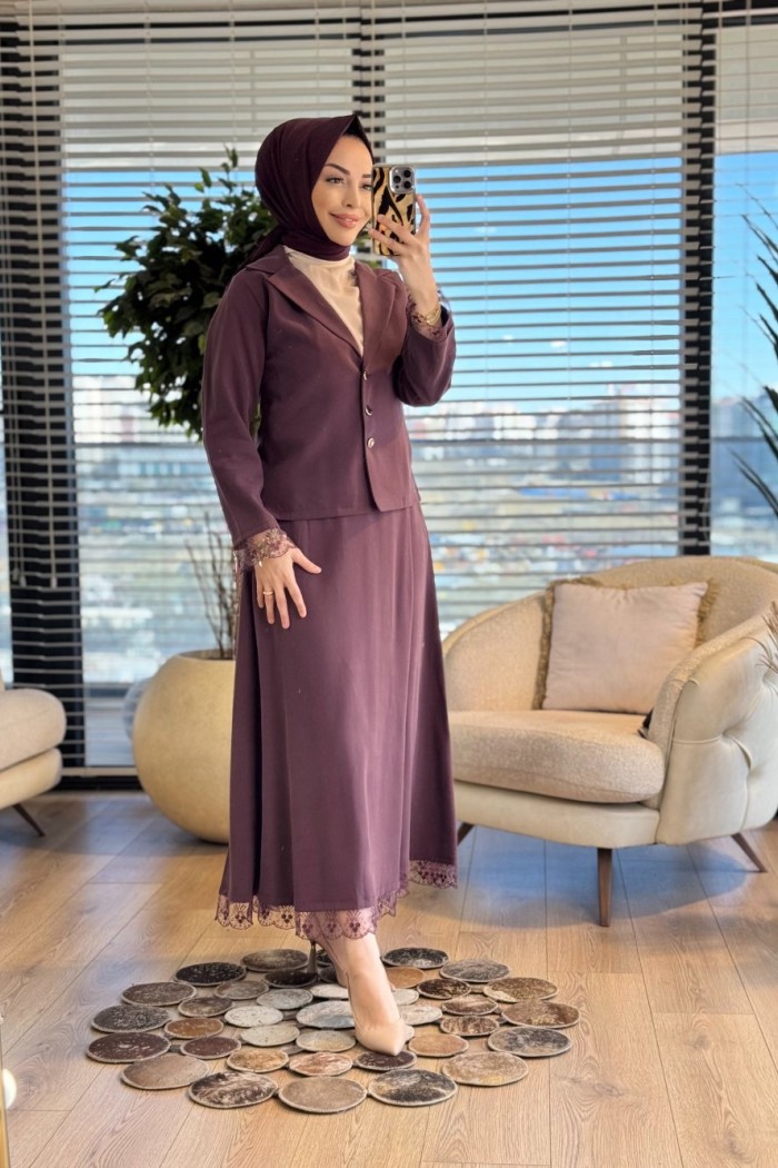 250359 Dantel İşlemeli Modern Takım Mürdüm 