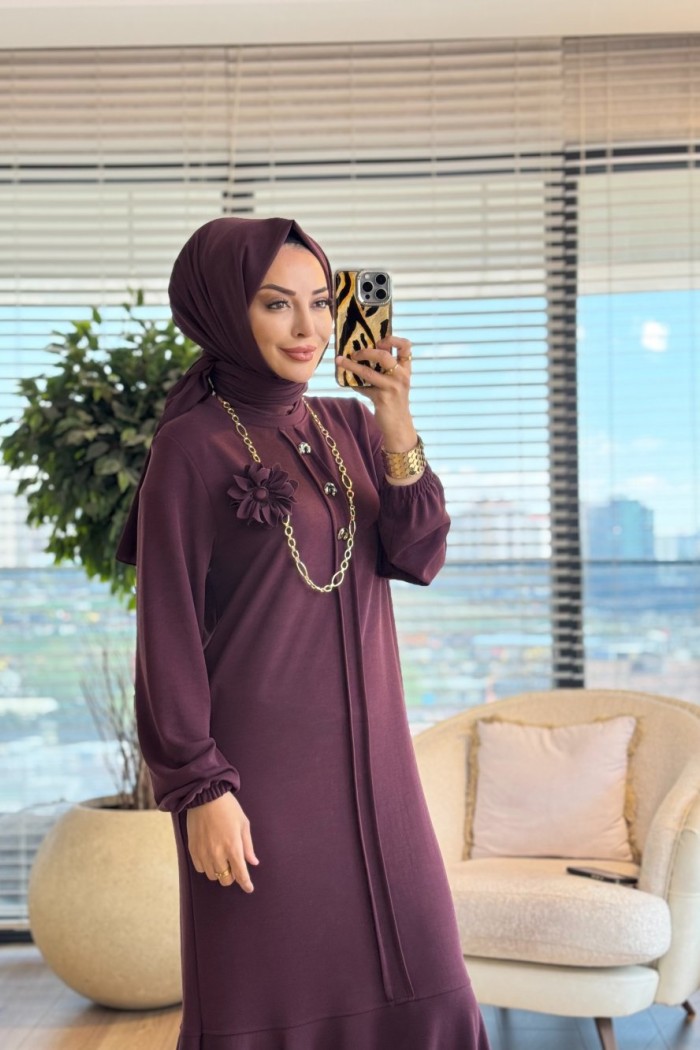 LYL118 Sahra Volanlı Düğmeli Elbise Bordo 