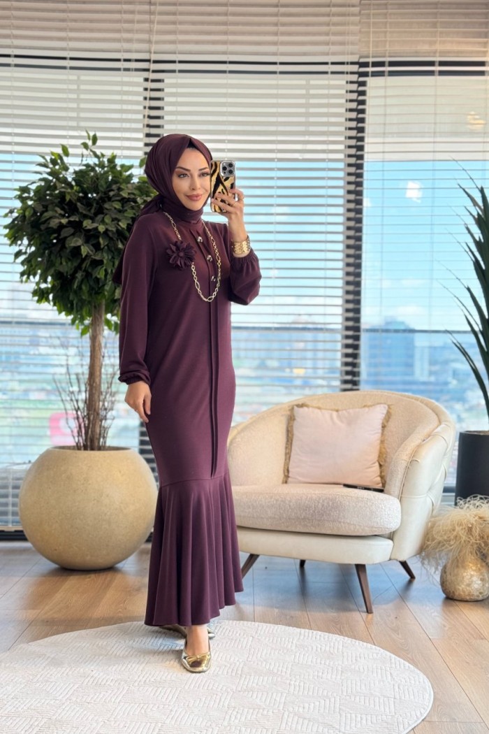 LYL118 Sahra Volanlı Düğmeli Elbise Bordo 