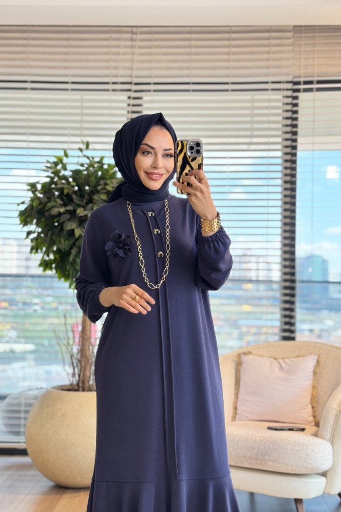 LYL118 Sahra Volanlı Düğmeli Elbise Lacivert 