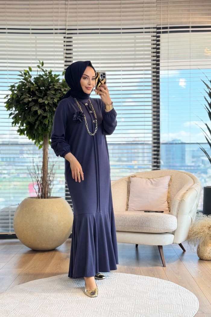LYL118 Sahra Volanlı Düğmeli Elbise Lacivert 