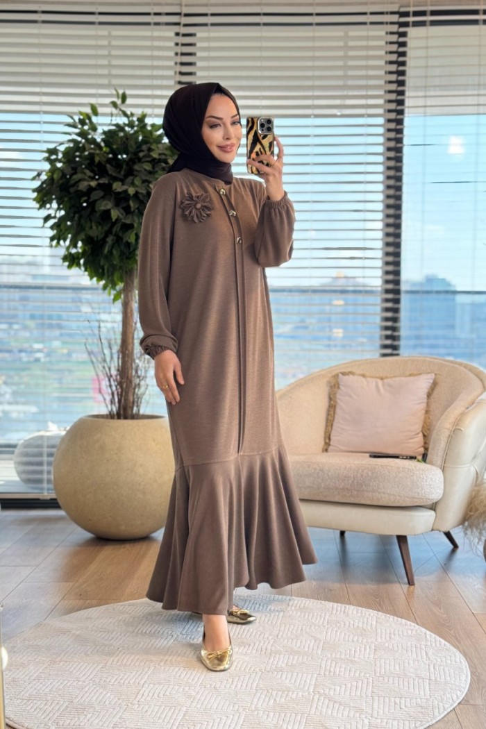 LYL118 Sahra Volanlı Düğmeli Elbise Vizon 
