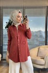 7343 Tencel Üstü Serpme Yıldız Nakışlı Gömlek Kiremit