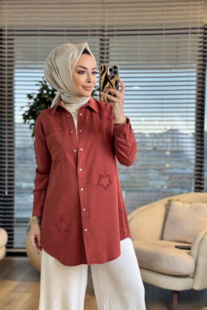 7343 Tencel Üstü Serpme Yıldız Nakışlı Gömlek Kiremit