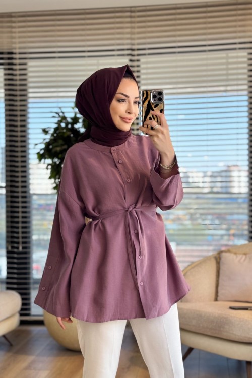 7515 Sıfır Yaka Önden Düğmeli Tunik Gül 