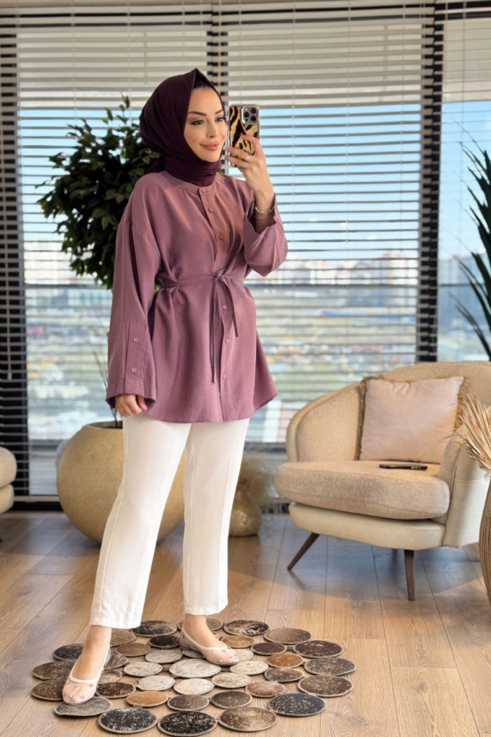 7515 Sıfır Yaka Önden Düğmeli Tunik Gül 