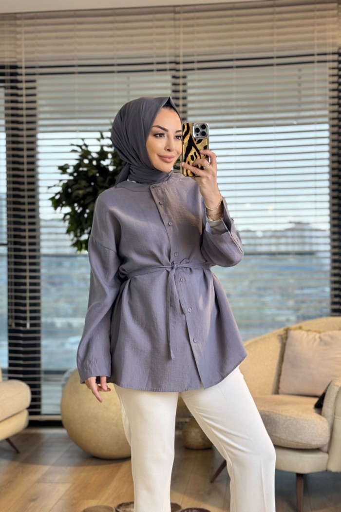 7515 Sıfır Yaka Önden Düğmeli Tunik Gri 
