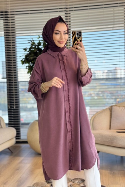 7495 Tencel Patı Ve Kolu Saçak Detaylı Uzun Tunik Mürdüm 