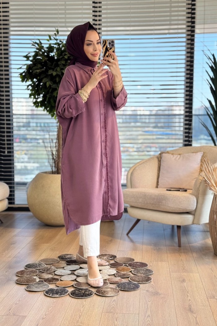 7495 Tencel Patı Ve Kolu Saçak Detaylı Uzun Tunik Mürdüm 