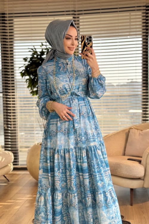 MRW1716 Desenli Elbise Mavi 